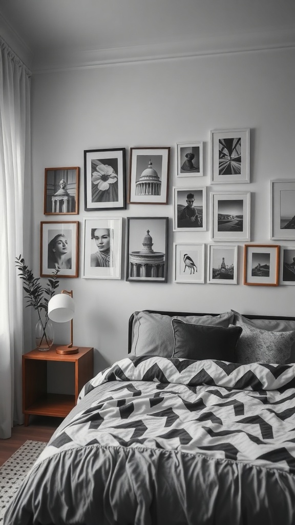 A cozy black and white bedroom featuring a gallery wall with various framed images.