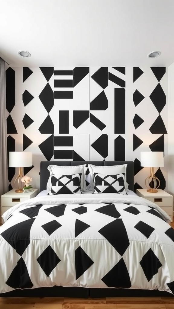 A stylish black and white bedroom featuring geometric patterns on the wall and bedding.