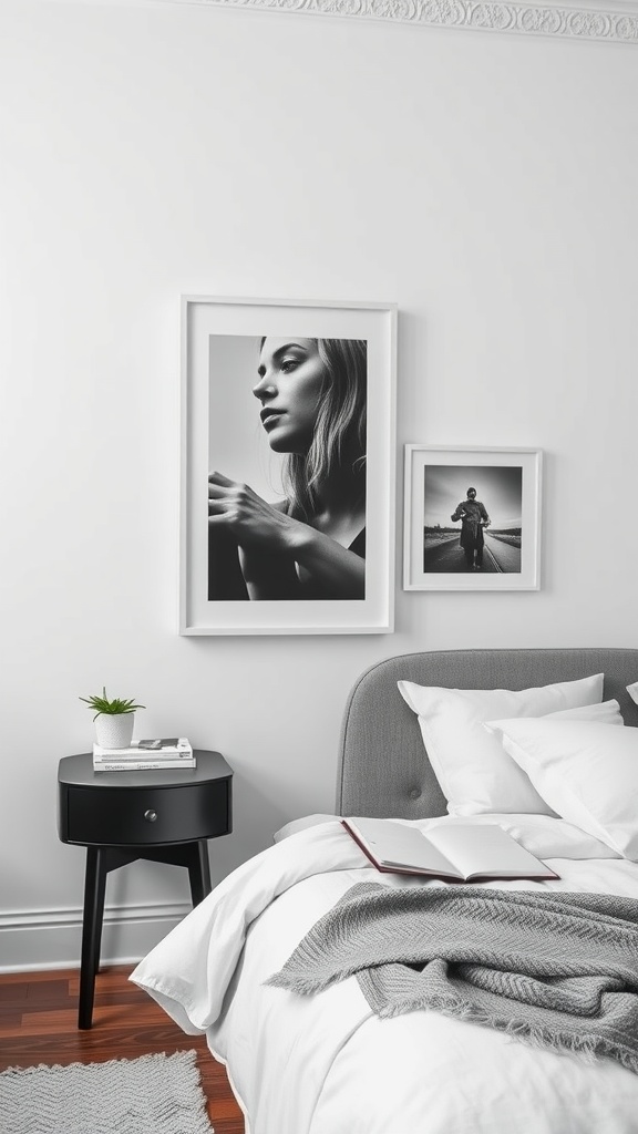 A stylish bedroom featuring a black and white photo display on the wall.