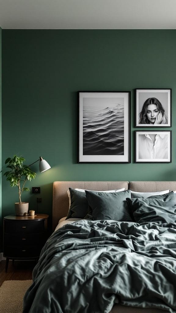 A cozy bedroom featuring green walls, layered bedding, and black and white framed photographs.