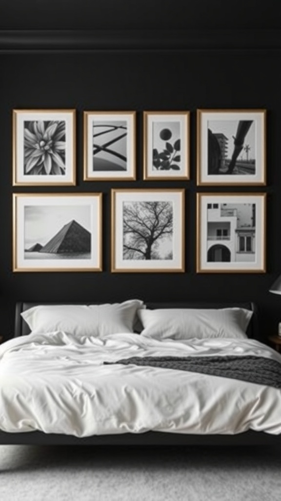 A stylish black bedroom featuring a collection of black and white photographs framed in gold above a neatly made bed.