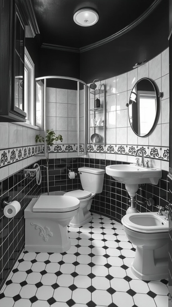 A stylish black and white bathroom with retro vibes featuring hexagonal tiles, a curved shower, and elegant fixtures.