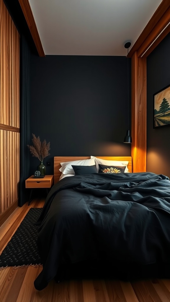 A cozy black bedroom featuring a wooden bed frame, dark bedding, and warm wooden accents.