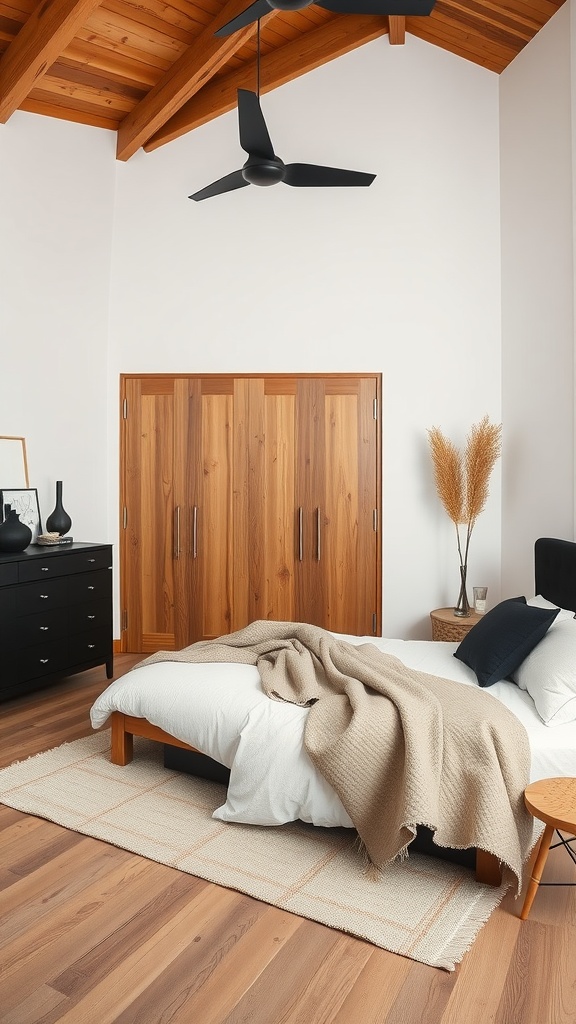 A modern bedroom featuring a wooden bed, wardrobe, and flooring with black accents.
