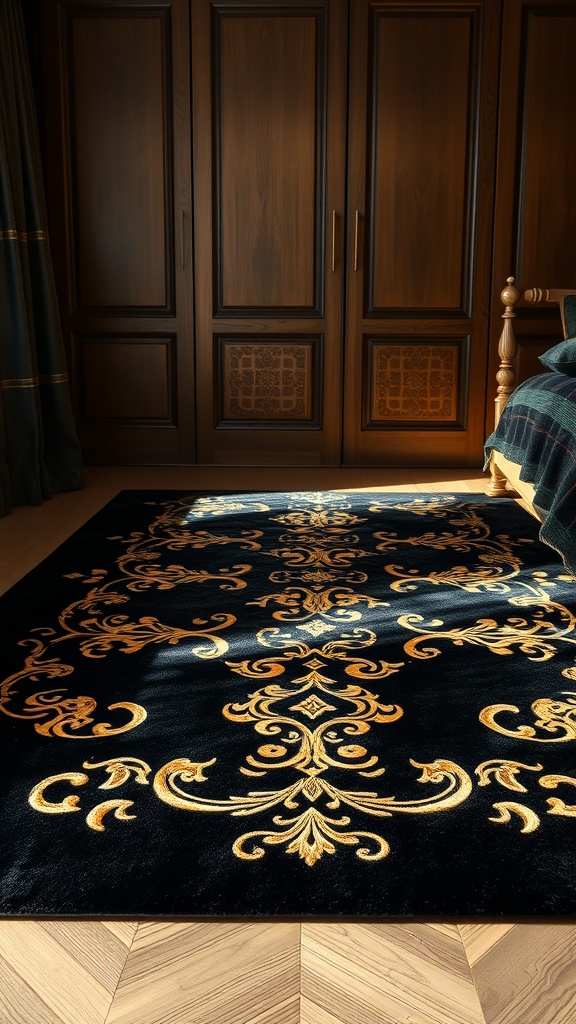 A black area rug with gold patterns in a stylish bedroom setting.