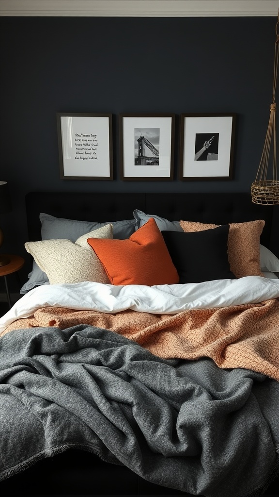 A black bed with various textured pillows and blankets, set against a dark wall with framed artwork.