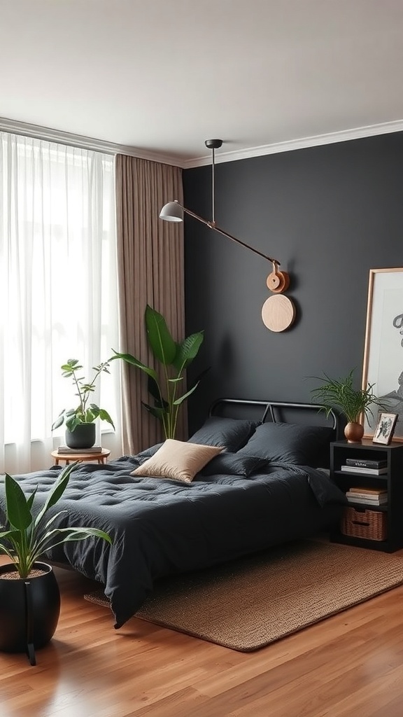 A modern bedroom featuring black furniture, plants, and natural light.