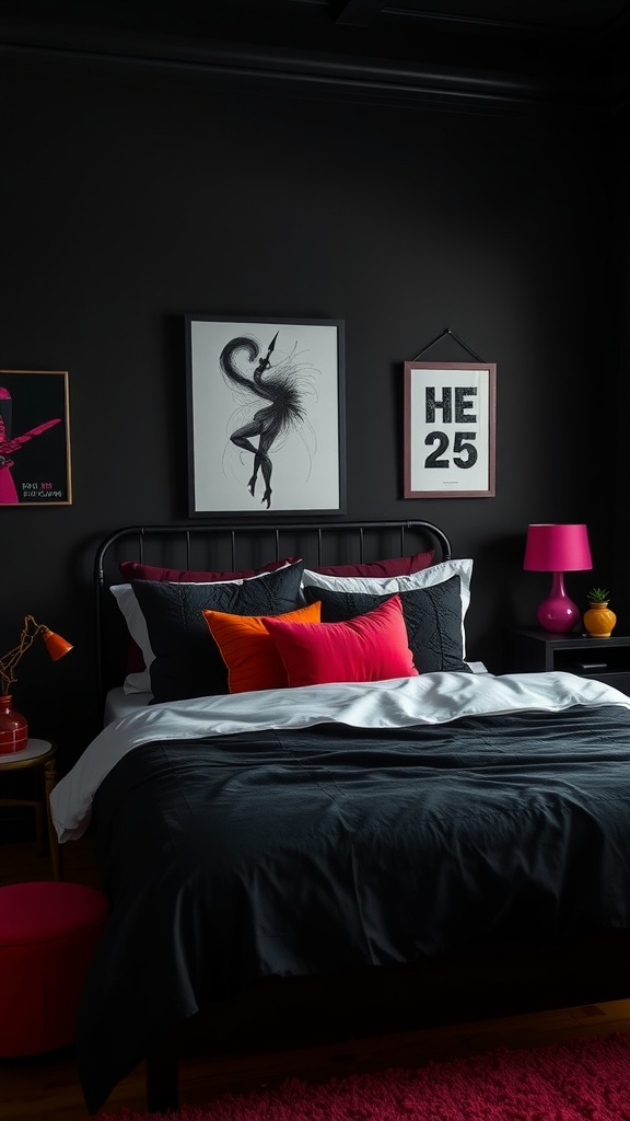 A stylish black bedroom featuring bold color pops with pink and orange accents.