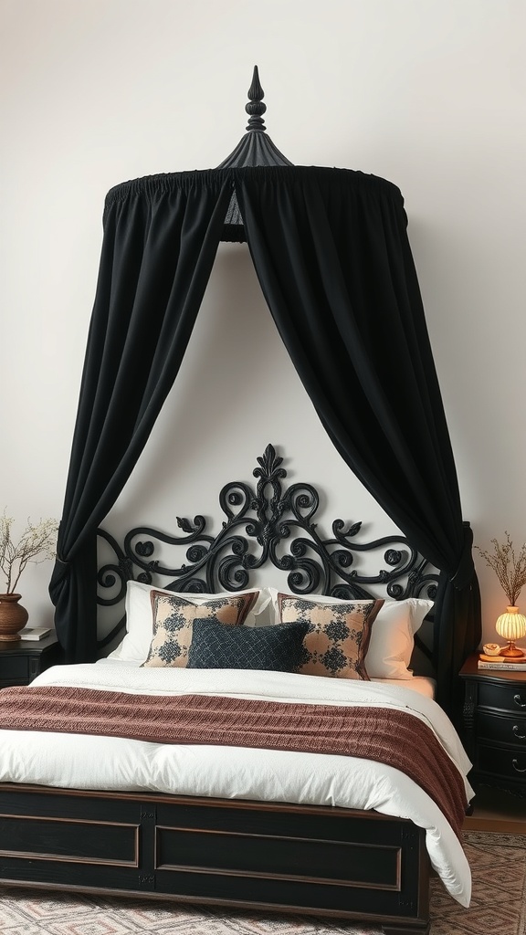 A black canopy bed with an artistic headboard, layered bedding, and decorative pillows.