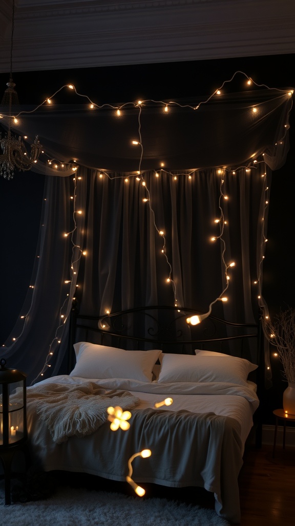 A cozy bedroom featuring a black canopy bed adorned with fairy lights, creating a magical atmosphere.