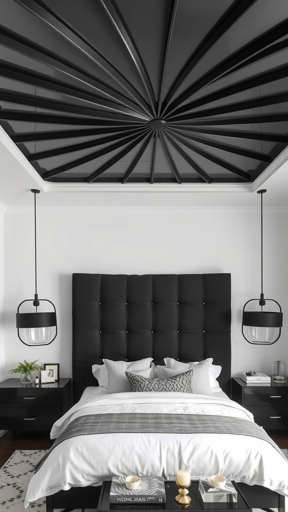 A stylish black ceiling with intricate designs in a modern bedroom setting.