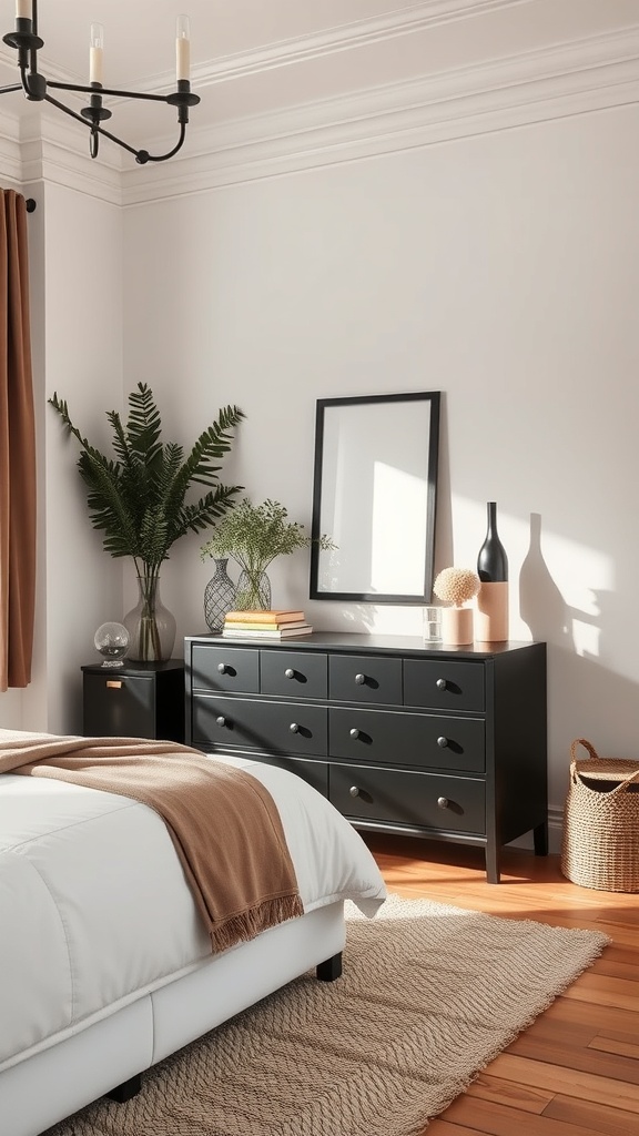 A stylish black dresser in a cozy bedroom setting with warm wooden floors and soft decor.