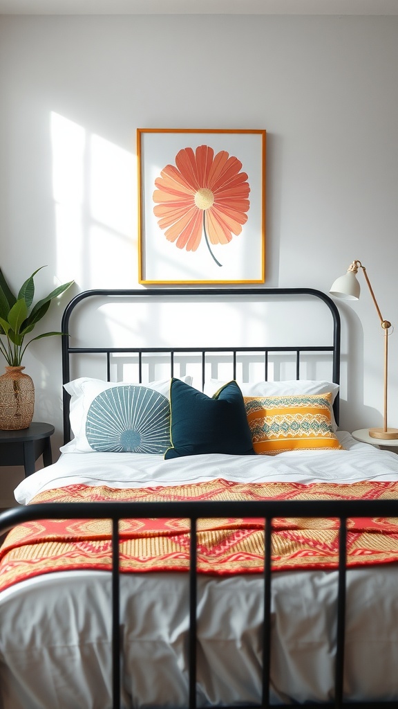 A cozy bedroom featuring a black bed frame with colorful pillows and a vibrant flower artwork.