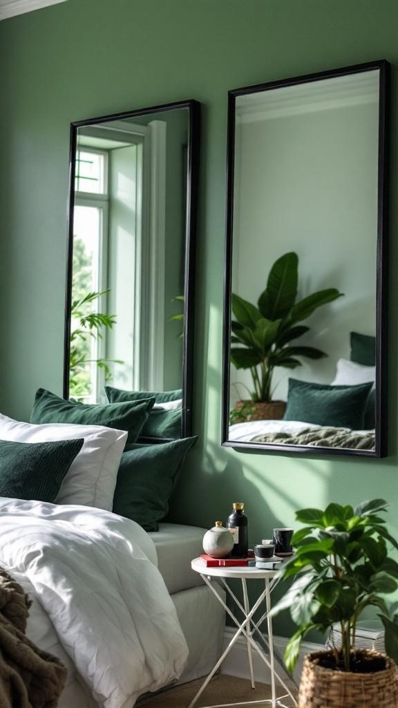A stylish bedroom featuring green walls, black framed mirrors, and decorative plants.