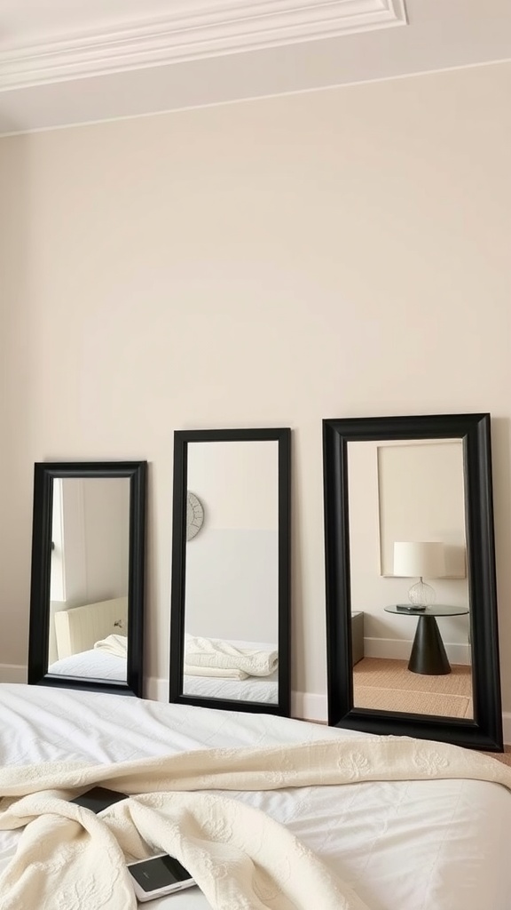 Three black framed mirrors of varying sizes against beige walls in a stylish bedroom.