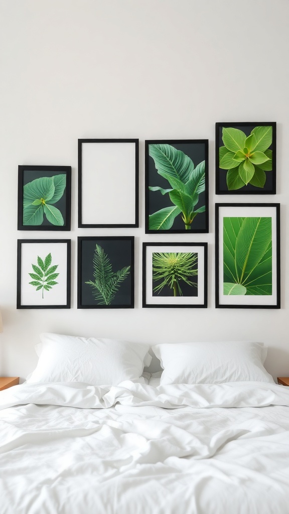 A stylish bedroom featuring a wall of black frames with green leaf prints above a neatly made white bed.