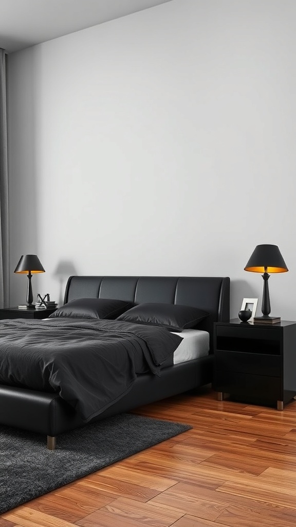A modern black bedroom featuring a black bed, nightstands, and lamps on a wooden floor.