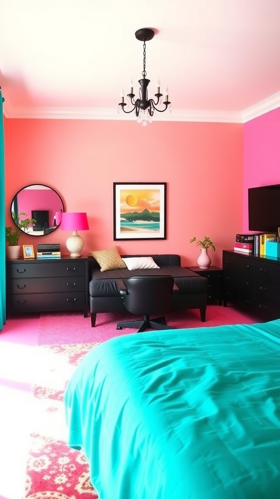 A vibrant bedroom featuring black furniture, pink walls, and turquoise bedding.