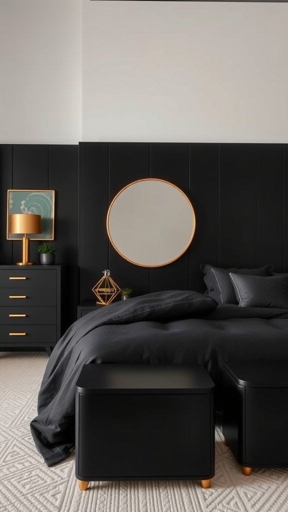 A stylish black and gold themed bedroom featuring black furniture, gold accents, and a modern design.