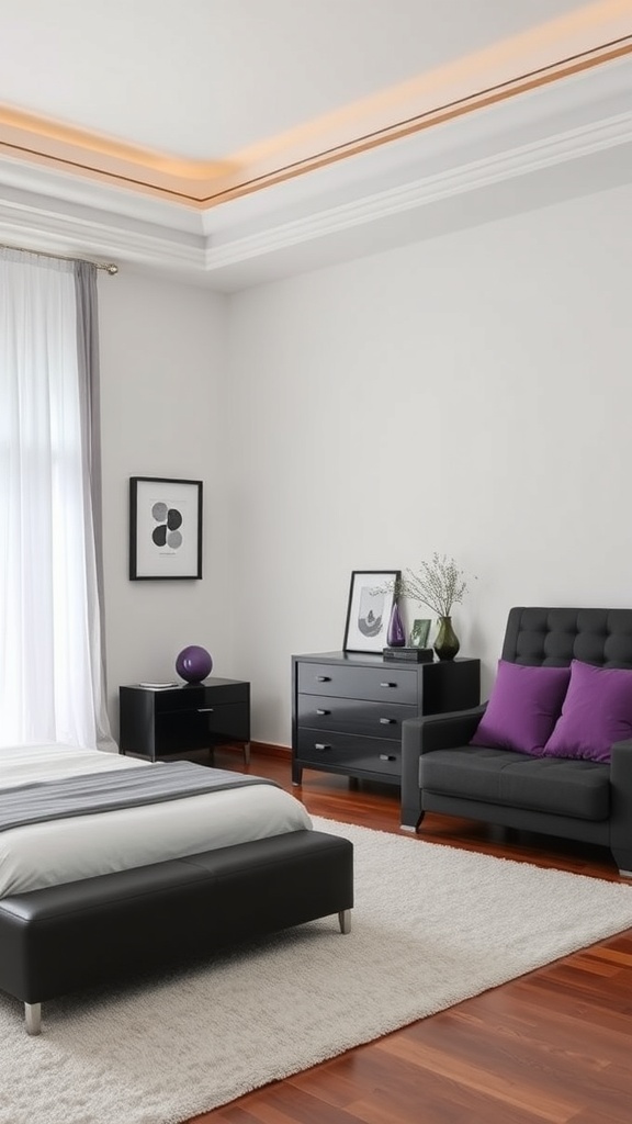 A modern bedroom featuring black furniture and purple accessories, showcasing a sleek bed, nightstands, and decorative pillows.