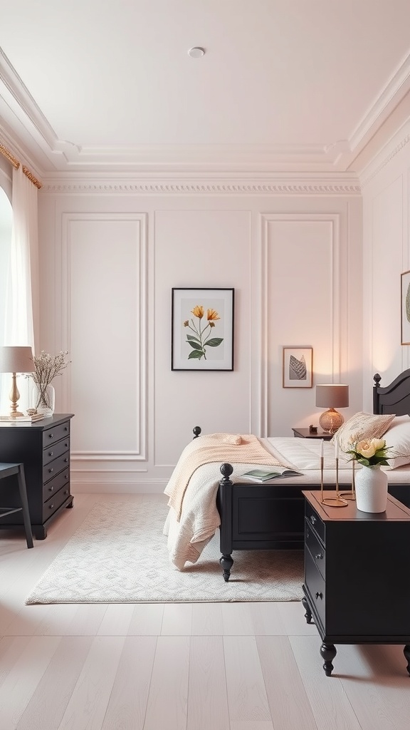 A stylish bedroom featuring black furniture with soft pastel accents, including a bed, nightstands, and a dresser.