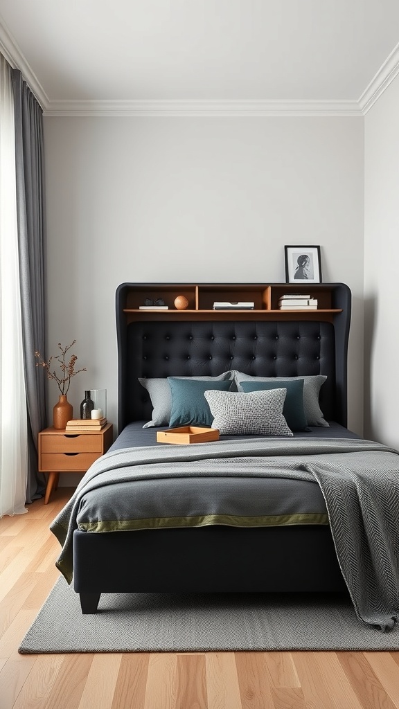 A stylish small bedroom featuring a black tufted headboard, light bedding, and wooden accents.