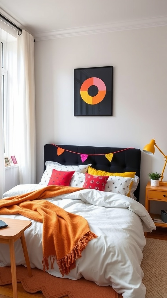 A cozy bedroom featuring a black headboard, colorful pillows, an orange blanket, and vibrant artwork.