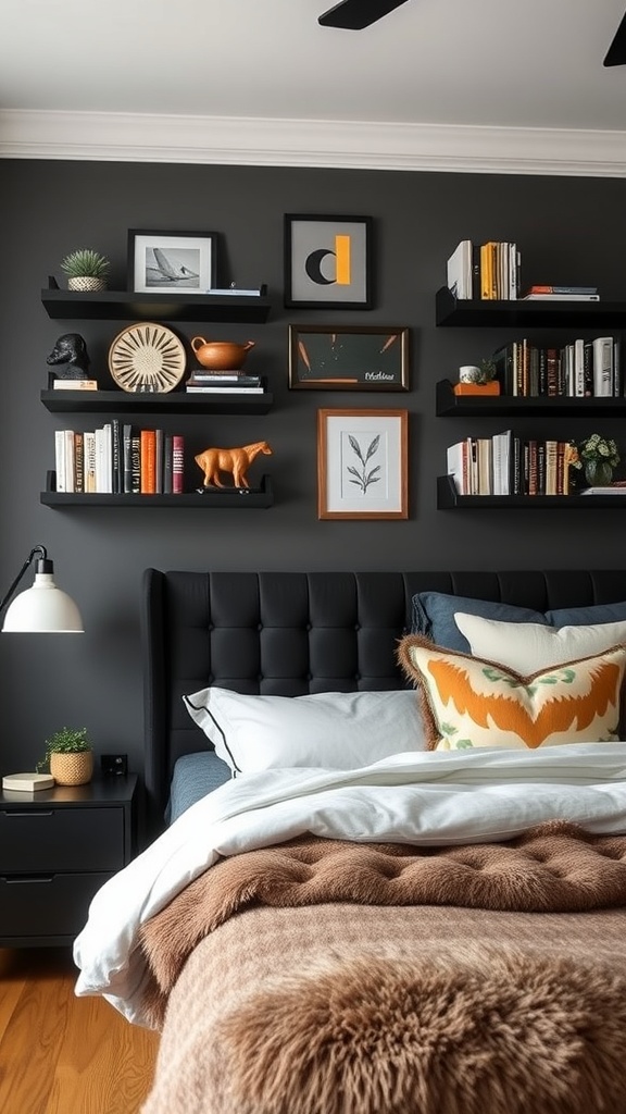 A stylish bedroom featuring a black tufted headboard with floating shelves above, displaying books and decorative items against a dark wall.