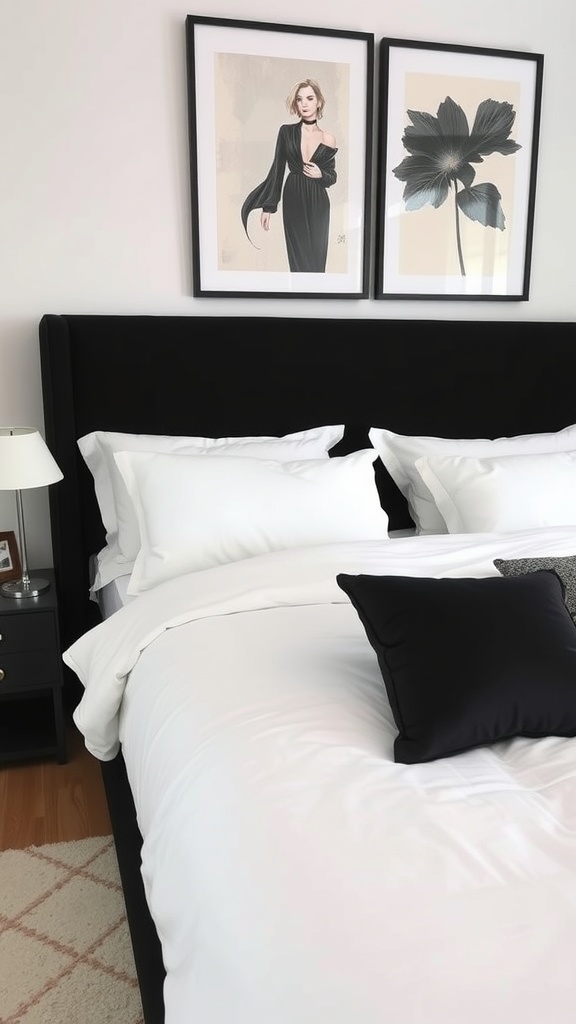 A stylish bedroom featuring a black headboard, white bedding, and framed artwork above the bed.