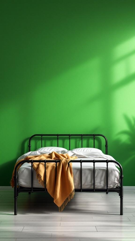 A black metal bed frame with white bedding and a yellow throw blanket against a green wall.