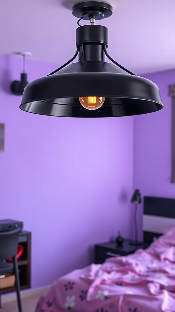 A black metallic pendant light in a purple bedroom