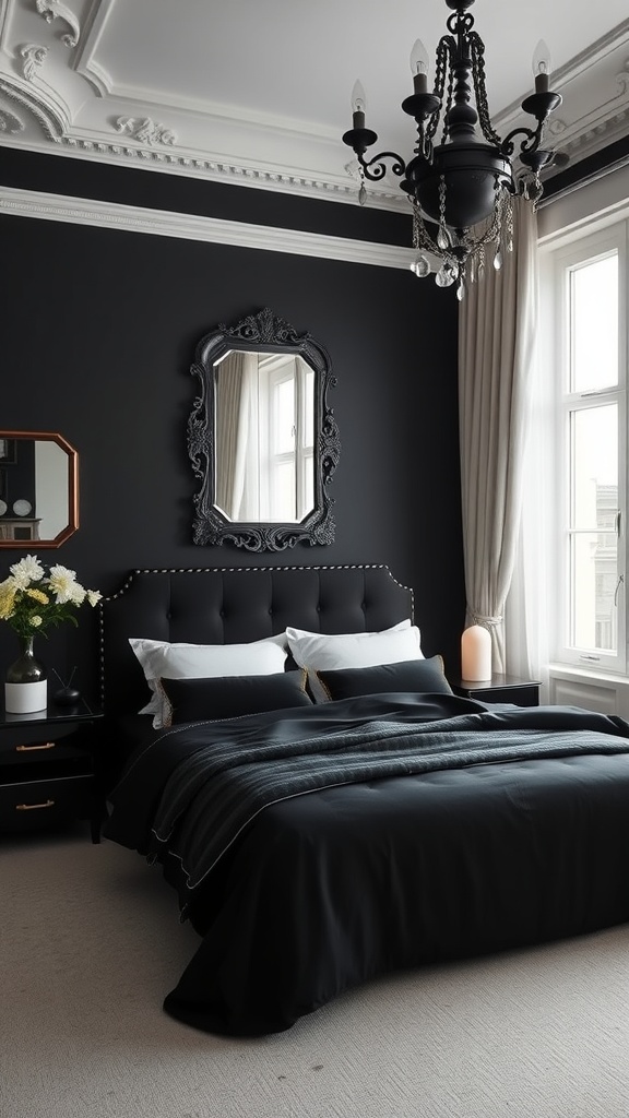 A stylish black bedroom featuring an ornate mirror, black walls, and elegant decor.