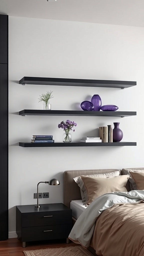 Black shelving with purple decor items in a stylish bedroom