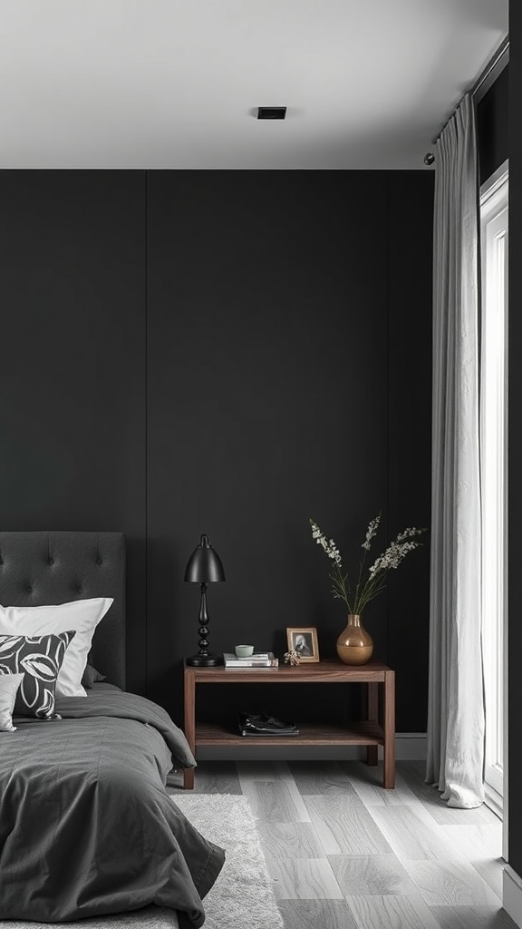 A modern bedroom with a black textured wall, featuring a gray bedspread, wooden nightstand, and decorative elements.