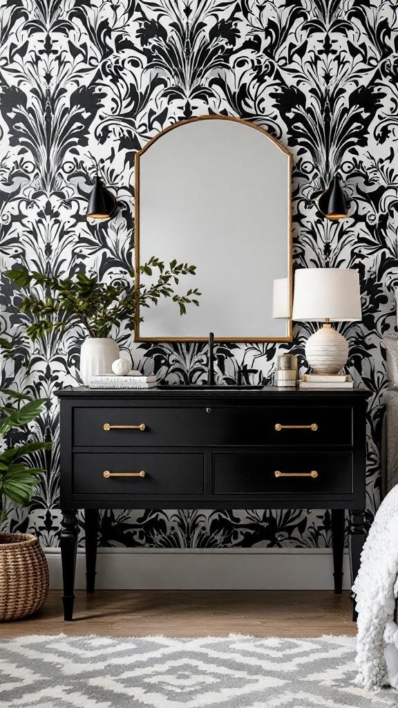 A black vanity with gold accents against bold black and white wallpaper, featuring a mirror and decorative items.