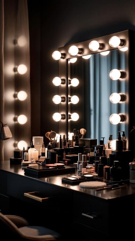 A stylish black vanity with LED lighting, featuring a large mirror and various beauty products arranged on the surface.