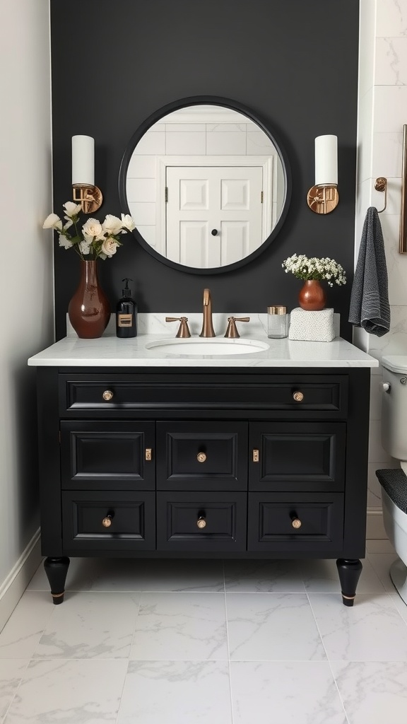 A stylish black bathroom vanity with a marble countertop, round mirror, and gold accents.