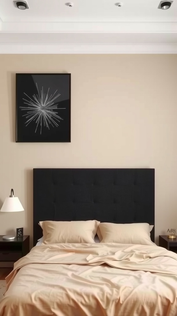 A cozy bedroom featuring black wall art on a beige wall, with a dark headboard and soft bedding.