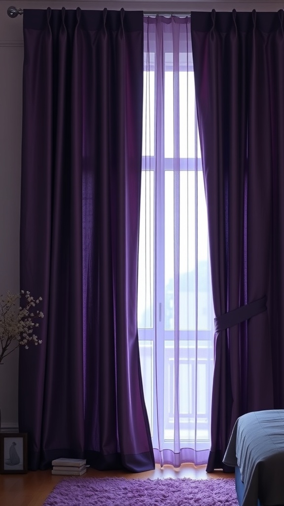 Rich purple blackout curtains layered with sheer curtains in a bedroom setting