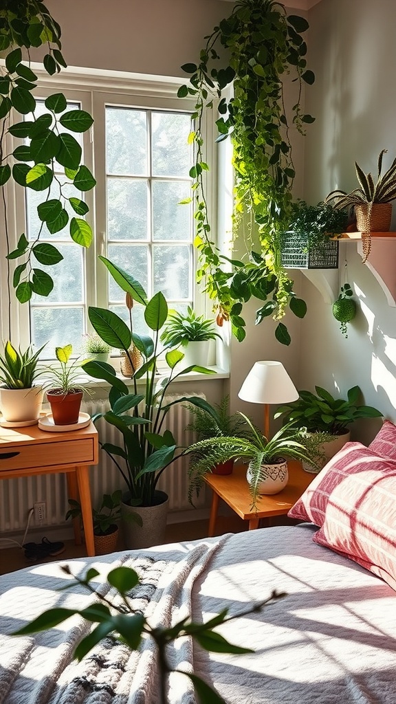 A cozy bedroom with various indoor plants, sunlight streaming through a window.