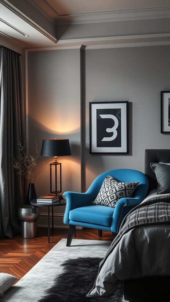 A stylish blue accent chair in a modern bedroom with gray walls and warm lighting.