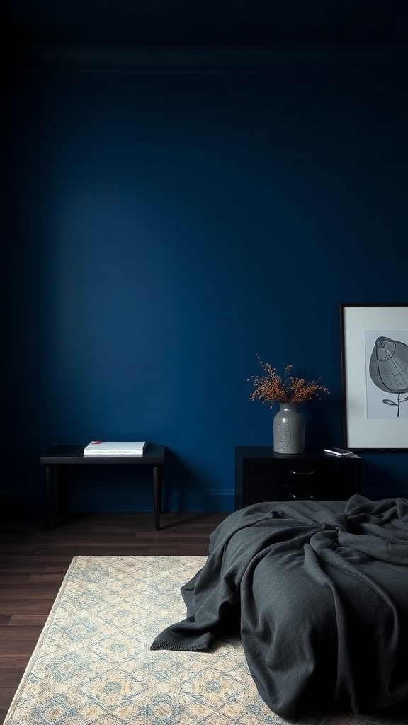 A cozy bedroom featuring a deep blue accent wall, a dark blanket on the bed, and minimalist decor.