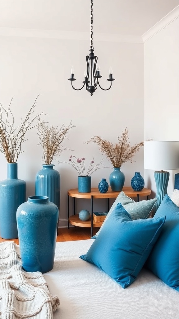A stylish bedroom featuring blue decorative accessories, including vases and cushions, with a black chandelier.
