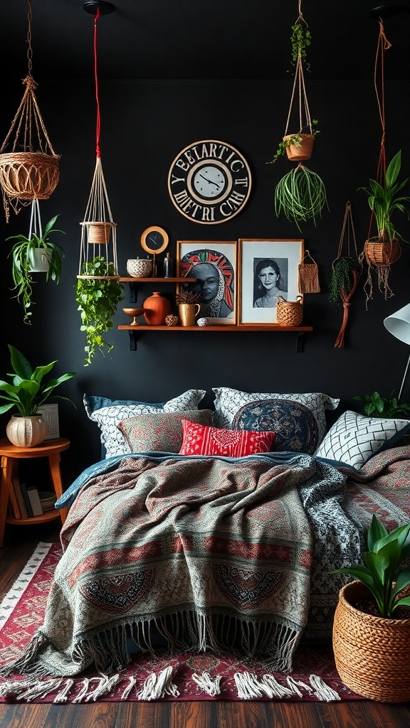 A bohemian bedroom featuring a black wall, a cozy bed with various patterned pillows, hanging plants, and decorative shelves.