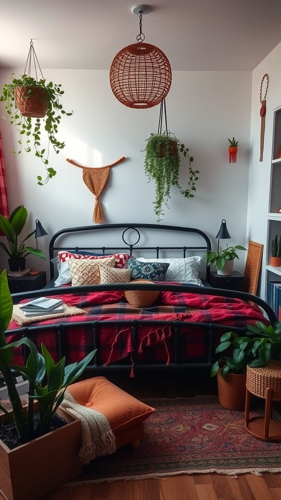 A cozy bedroom featuring a black bed frame, colorful bedding, plants, and warm lighting.