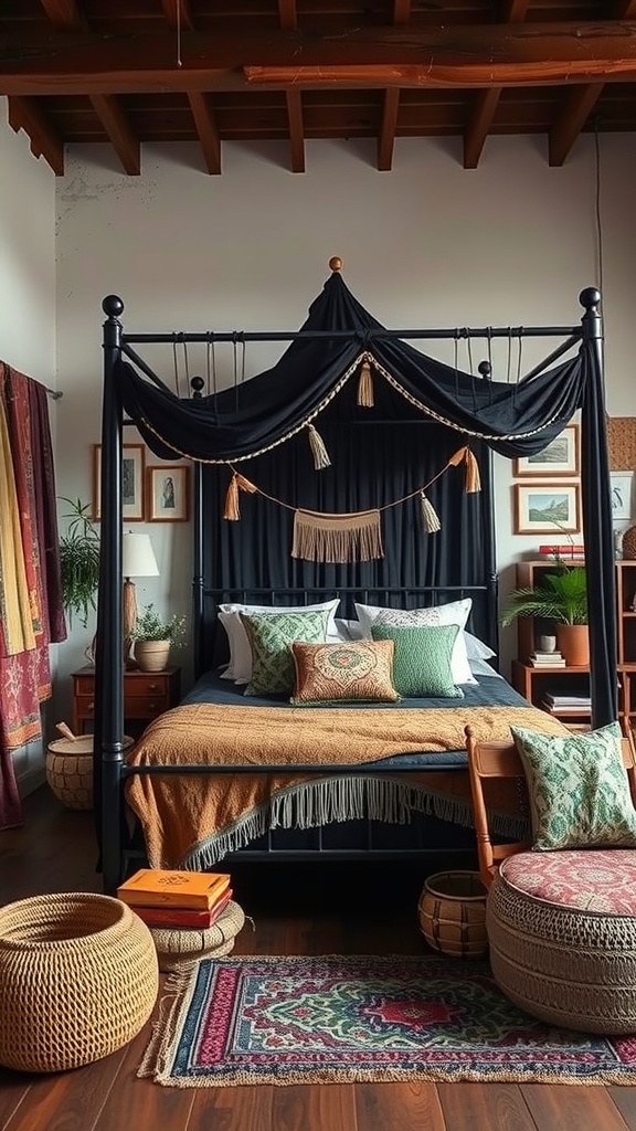A cozy bohemian bedroom featuring a black canopy bed adorned with colorful textiles and decorative elements.