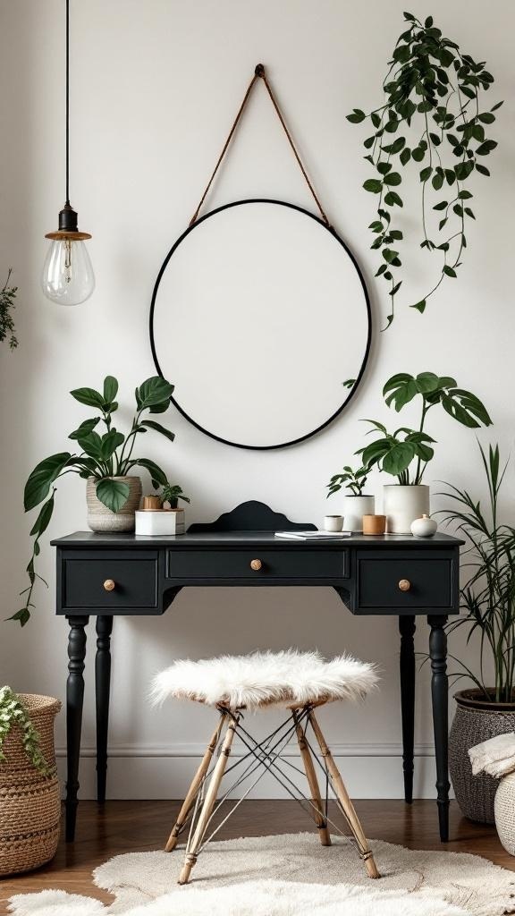 A stylish black vanity with a round mirror, surrounded by plants and a fluffy stool.