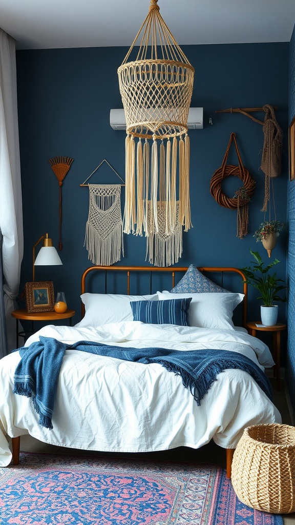 A cozy bohemian bedroom featuring blue walls, white bedding, a woven chandelier, and decorative elements.