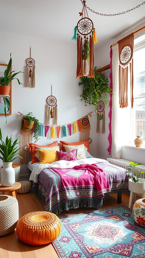 A vibrant bohemian chic bedroom with colorful decor, dreamcatchers, plants, and cozy bedding.