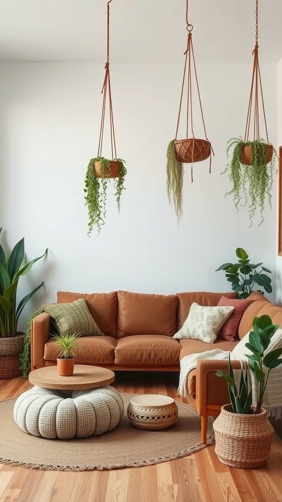 Cozy bohemian living room with hanging plants and brown furniture